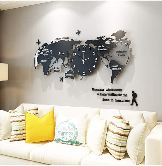 Large World Map Stylish 3D Wall Clock